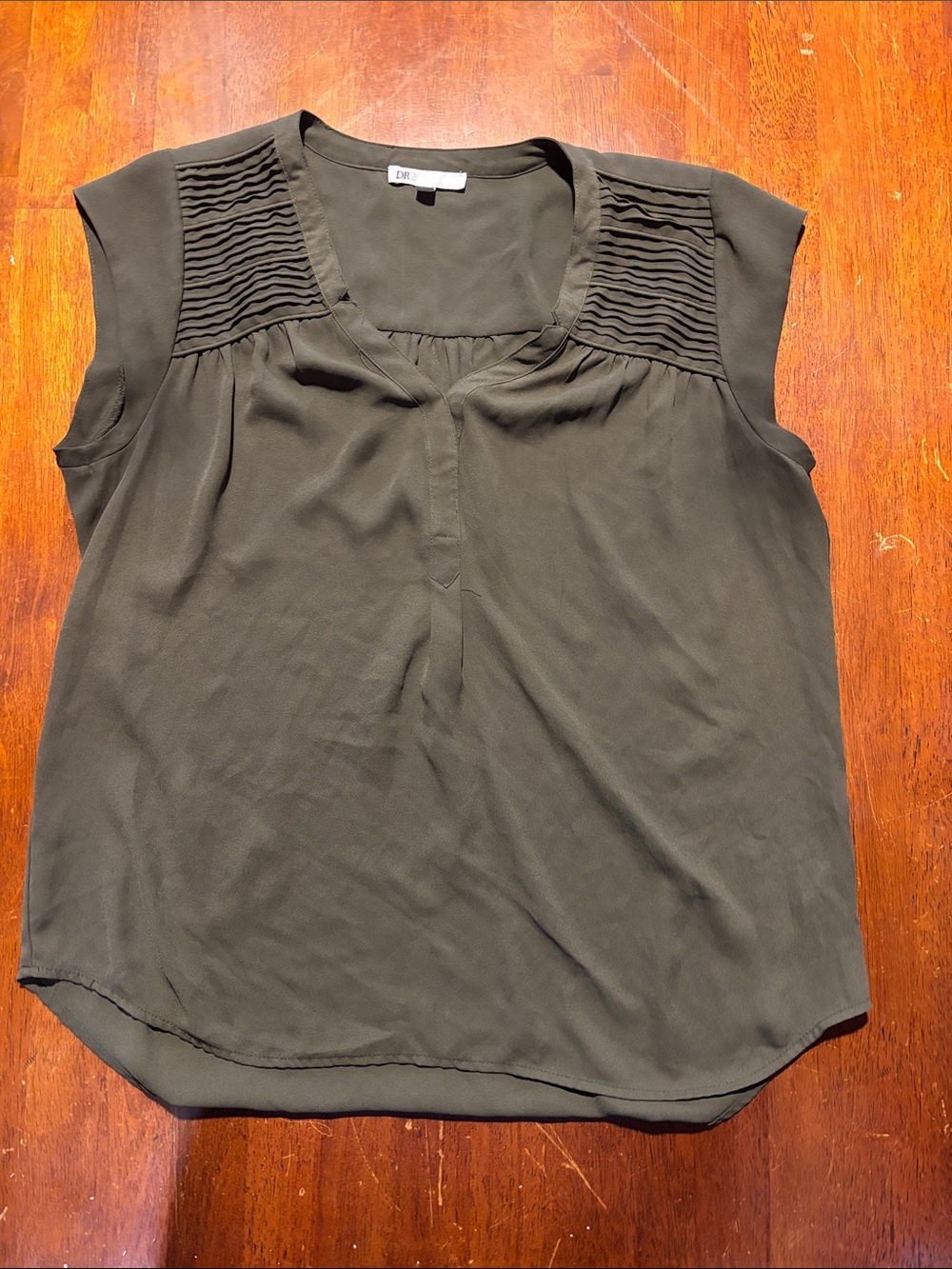 DR2 Olive Cap-Sleeve Pintuck Yoke Blouse